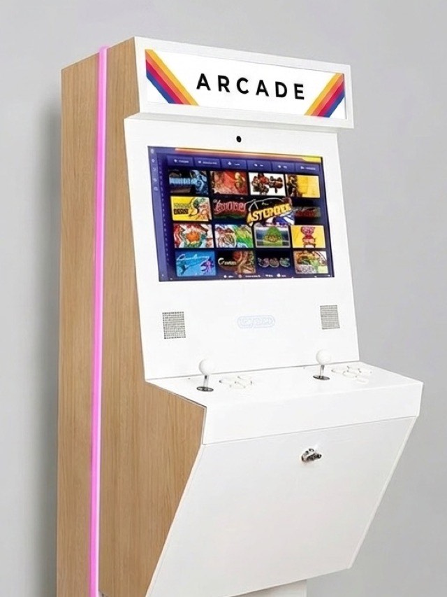 Close-up of the marquee, screen, and controls with the selected finish and marquee style.