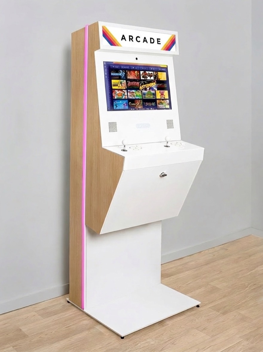 Full view of the arcade machine with the selected side-panel finish and marquee style.
