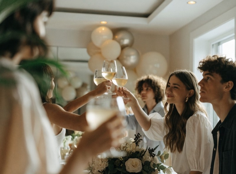 Guests toasting at an elegant private birthday celebration.