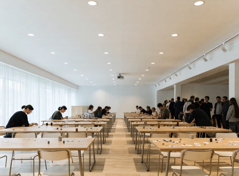 Players seated at long tables during a card and tabletop gaming tournament.