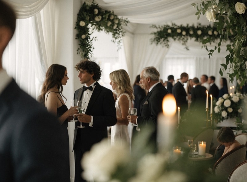 An elegant wedding reception with greenery, candlelight, and guests socializing.